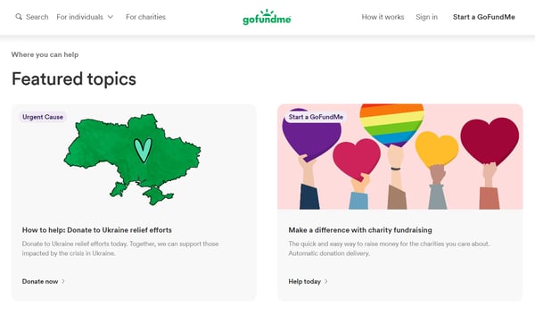 Crowdfunding site GoFundMe homepage, with a white background and black letters, with the GoFundMe logo on the top, promoting featured topics like campaigns related to Pride Month and wars,