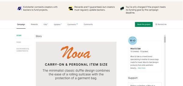 Another page of Kickstarter webpage, promoting the product called Nova, a luggage that can fit in various ocasions. The page is black and beige, displaying Nova's information and details to guide backers to help this fundraising campaign.