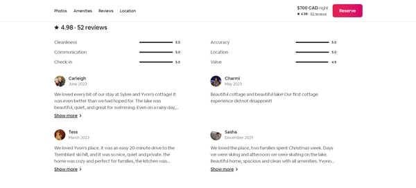 Airbnb customer testimonials page, with reviews, comments and rates of an specific house, representing ways to leverage customer testimonials.