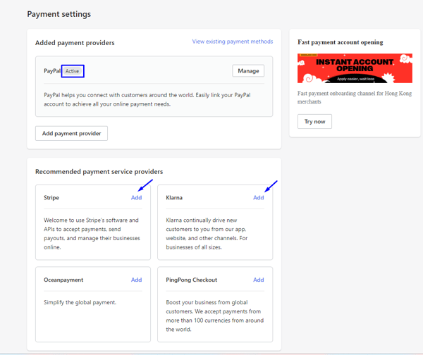 Dropshipping guide: Screenshot shows the payment settings page, where users can see the added payment providers and add recommended payment service providers.