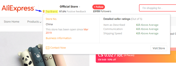 Screenshot in Shoplazza dropshipping guide shows a top brand's page on AliExpress, the Top Brand badge right below the store's name..