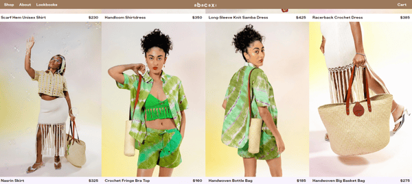 The webpage of the store Abacaxii, with models wearing beach and summerwear clothes and acessories and raffia bags, with prices and discounts all over the place, representing steps on how to start a clothing brand.