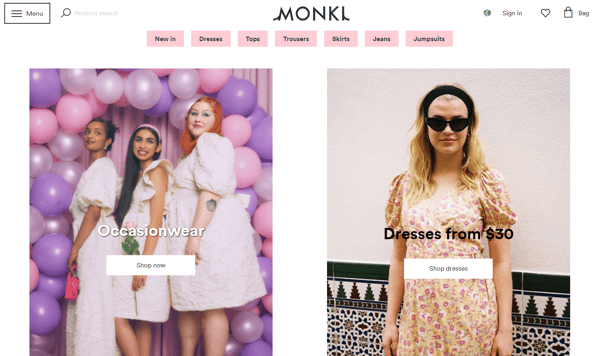 Monki clothing line webpage, with images of models wearing their dresses for Occasionwear and Dresses from $30, buttons for different categories and icons for shopping bag.
