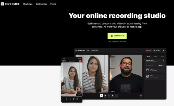 Screenshot of Riverside's home page, where it says "Your online recording studio". Riverside is one of the many valuable tools for people who are learning how to start a podcast.