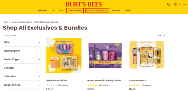 The webpage of Burt's Bees, used as an example for mother's day marketing ideas for your online store.