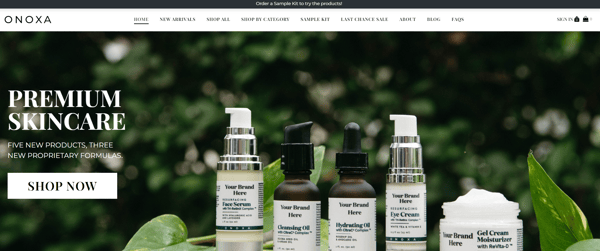 Onoxa website, with a white menu with the sections written in black, a banner with all their products in a garden full of plants, the text "Premium Skincare" and a Shop Now button, representing how to start a make up business.
