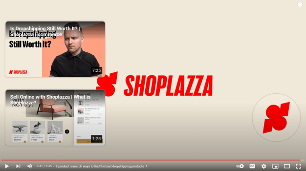 Screenshot shows the YouTube info cards for Shoplazza's video. This image is included in our blog post on how to make money on Instagram.