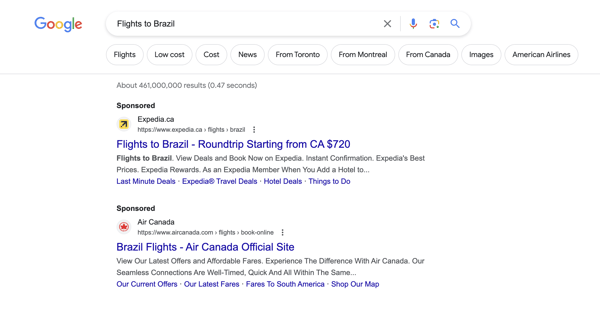 The image shows the SERP for the keyword Flights to Brazil, showing some ads from Expedia and Air Canada, representing what is SEO.