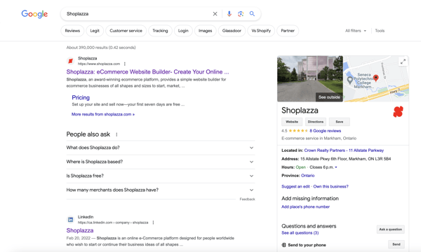 The Google SERP for the keyword Shoplazza, with links to the website and contact information, representing the importance of keywords to the Search Engine Optimization marketing.