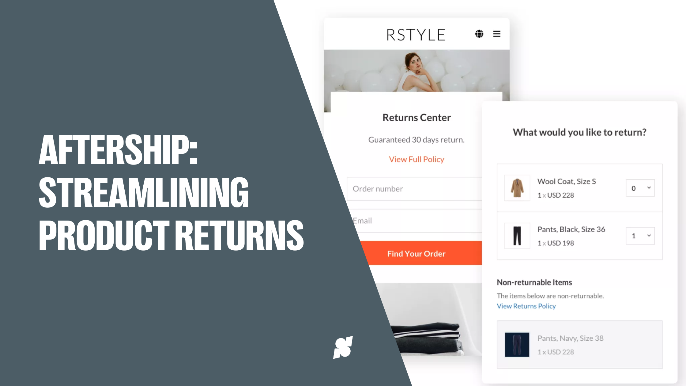Cover image shows the words AfterShip: streamlining product returns. On the right, there is a screenshot of a return request on an online store, where the customer can select which item from an order they'd like to return.