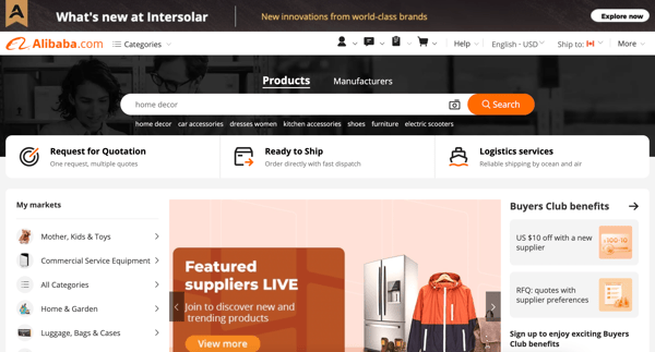 Screenshot of Alibaba's homepage, one of the best dropshipping suppliers in the world.