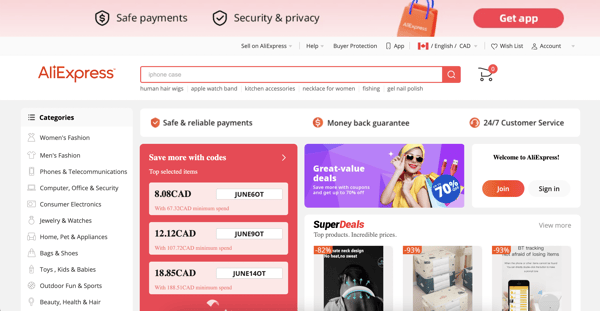 Screenshot of Aliexpress' homepage, as they're considered one of the best dropshipping suppliers.
