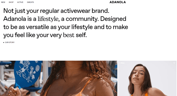 Adanola Unique Selling Proposition on their webpage, in a white background, text written in black, with models pictures representing their USP.