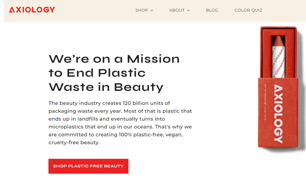 Image shows Axiology's about page on their website, where it says, "We're on a Mission to End Plastic Waste in Beauty". This image is part of an article by Shoplazza on how to start affiliate marketing