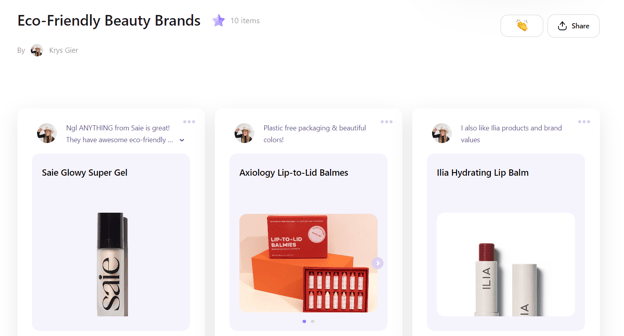 Page with the title "Eco-friendly beauty brands lists Axiology, with the review "Plastic-free packaging and beautiful colors!", as an example of how to start affiliate marketing.