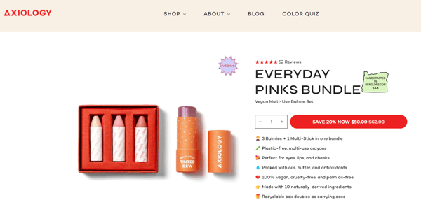 Axiology's product page with product description. The page has a white background with their products in the middle, with a great description and icons categorizing the product, representing how you should take care of how visitors find your products if you want to start a makeup business.