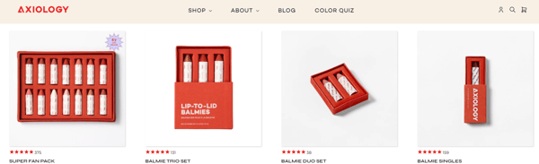 Axiology website, with pictures of their product packaging, with various types and tones of lipsticks.