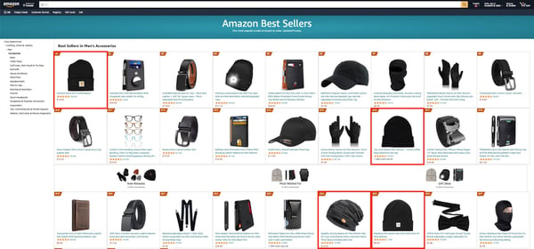 Screenshot shows the page with Amazon Best Sellers, in which there are four different listings with beanies among the top 30, indicating that beanies are some of the best products for dropshipping.