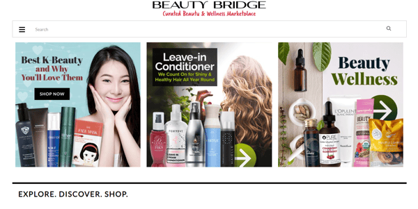 Beauty bridge online marketplace, with banners with all types of make up products and the logo top-centered. The background is white and all the texts are black. This image represents how to start a make up brand.