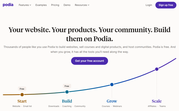 Podia's website with a timeline, sign up buttons, a description and the title, presenting the tool. There's a navigation bar and the webpage is in tons of beige and blue. The image represents how to create an online course.