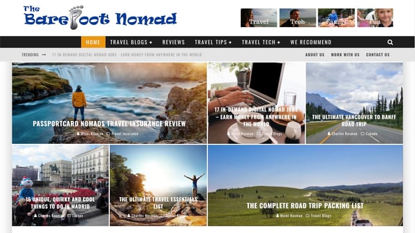 Screenshot shows the home page of The Barefoot Nomad, an example of starting an online business in Canada as a blogger. 