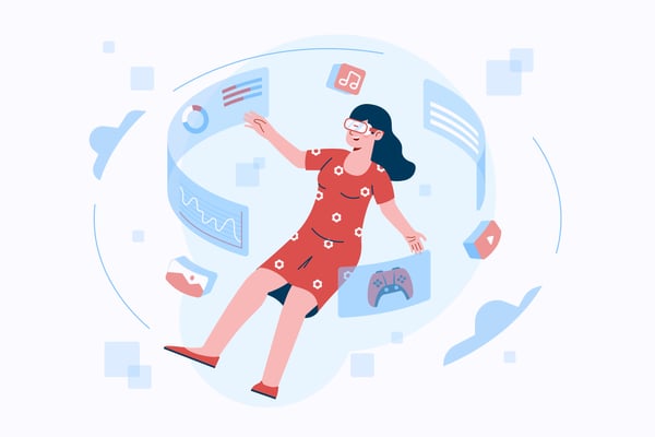 An illustration of a woman surrounded by screens with charts, data and social media icons, representing how to increase sales using paid traffic.