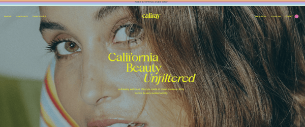 Caliray beauty websitye page, representing how to start a makeup business. The texts are in yellow, Caliray logo is top-centered, and there's the background image is the face of a woman.
