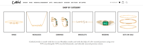 Catbird's webpage, with all their jewelry being sold with their USP on the footer.