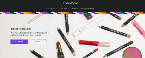 Cheekbone's rewards program, with the title "join our community" and various of their products in the background.