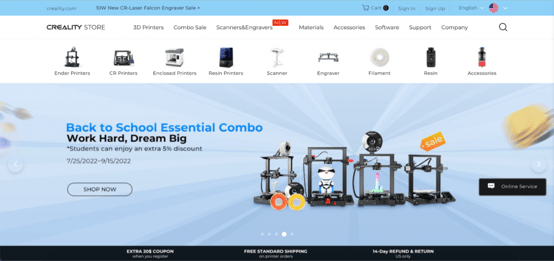 Screenshot shows Creality's online store home page with Shoplazza. The headline for the banner says, Back to School Essential Combo, Work Hard, Dream Big. There is a picture of four different 3D printers, side by side.