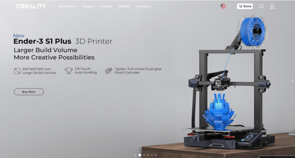 Screenshot of Creality's website. The background image is a Creality 3D printer in action, printing what appears to be a blue flower. The headline says, New: Ender-3 S1 Plus 3D Printer: larger build volume, more creative possibilities.