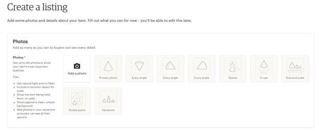 Screenshot from Etsy's website shows the page Create a listing, where Etsy sellers can add photos of their products to sell on Etsy.