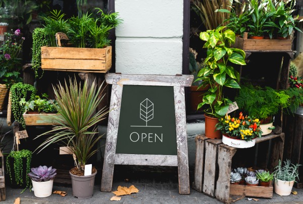 Photo shows a physical plant store with a wooden sign that says "Open". Above the word "open", there is a logo for the store, illustrating the creating a plant brand step on how to sell plants online.