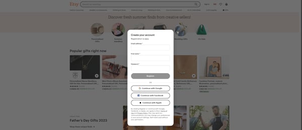 Screenshot shows the pop-up window that appears when users click to sign up to Etsy. Image is part of the article on how to sell on Etsy.