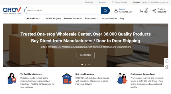 Screenshot of Crov's home page for best dropshipping suppliers blog post, where it reads, "Trusted one-stop wholesale center, over 36,000 quality products. Buy direct from manufacturers. Door-to-door shipping."