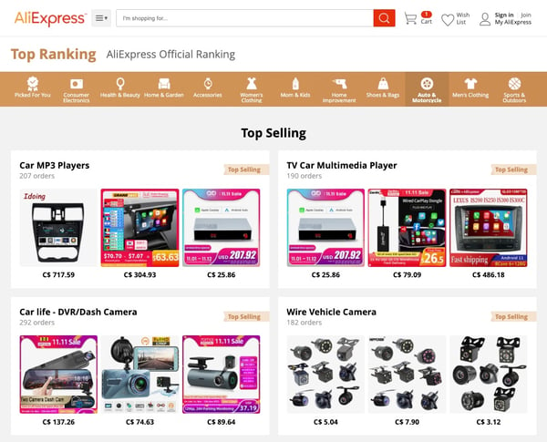 Screenshot shows AliExpress' top selling droshipping products in the Auto and Motorcycle category. 292 orders for dash cams were placed in the previous week.