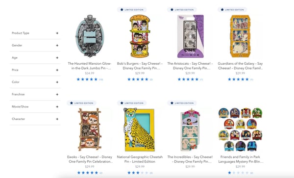 Screenshot from Disney's online store shows search for enamel pins, displaying eight results. The most expensive one costs $34.99 and the others cost $29.99. Photo illustrates article on how to make enamel pins to sell.