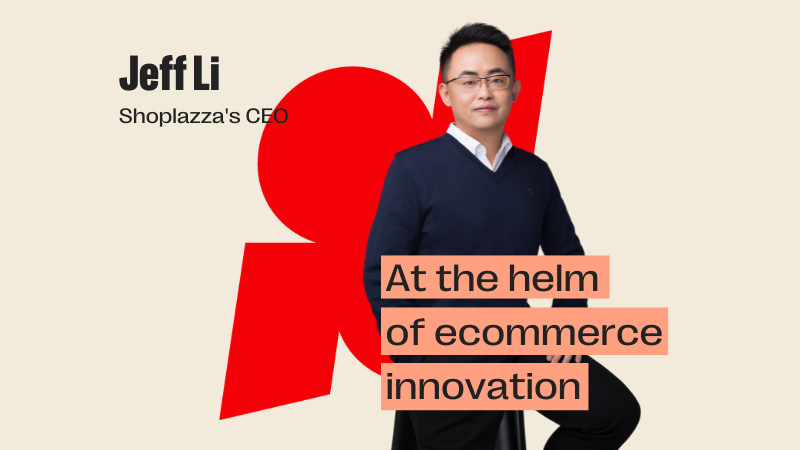 Our blog cover, with a beige background, the Shoplazza icon in red, the picture of CEO Jeff Li and the title "At the helm of ecommerce innovation".