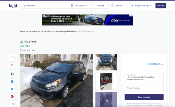 Kijiji's website with a used card being sold representing online sales as an e-business.