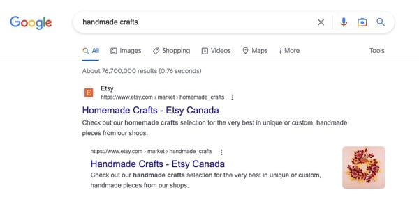 Screenshot shows a search on Google for the keyword "handmade crafts", for which Etsy's website comes up as first result. Esty has invested in SEO as part of their content marketing strategy.
