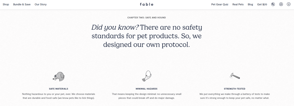 Fable's value proposition, telling a story on how they're building a safe environment for pets, helping to enhance their unique selling proposition.