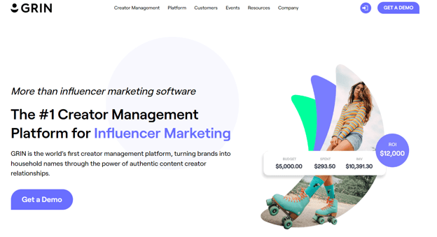 Screenshot of GRIN's homepage, a platform for working with influencer marketing.