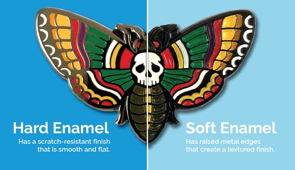 Picture shows a side-by-side comparison between a hard enamel and a soft enamel pin, to help readers who are learning how to make enamel pins. On the left side, it reads "Hard Enamel Has a scratch-resistant finish that is smooth and flat. On the right side, it reads "Soft Enamel Has raised metal edges that create a textured finish.