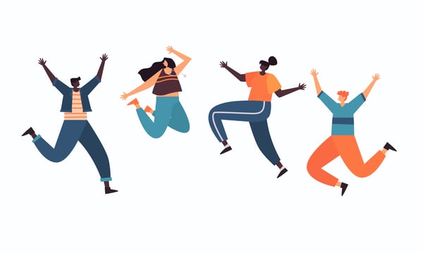 Illustratuion shows four young people jumping in the air with a white background. This image is part of the article on ways for teens to make money.