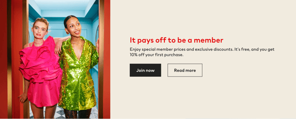 Website banner from H&M's website introduces H&M’s customer loyalty program with a brief explanation of how it works.