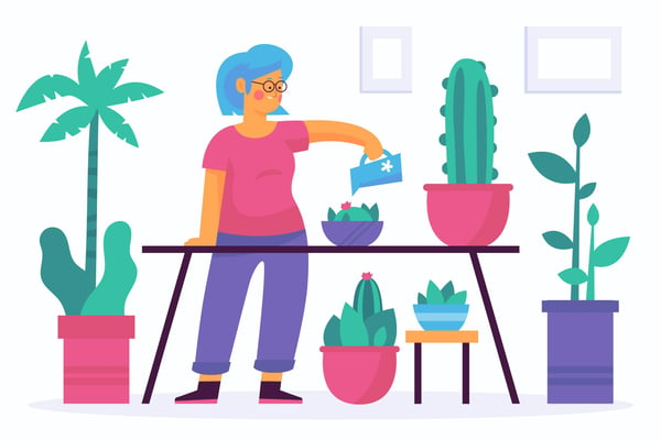 Illustration shows a young person standing behind a table, holding a watering can. There are two plants on the table, and another 5 potted plants on the floor. The illustration represents house-sitting as one of our business ideas for teens.