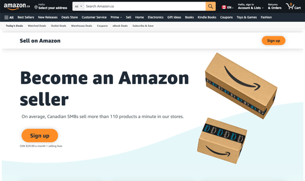 Screenshot shows the homepage of Amazon Seller Central, where people can start selling on Amazon.