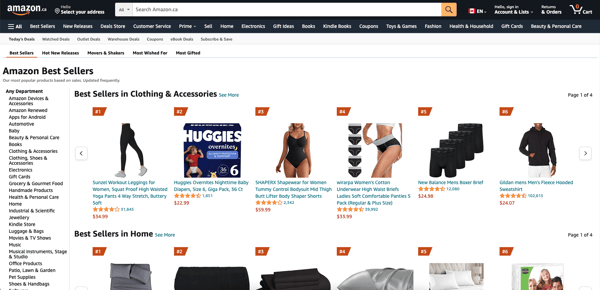 Screenshot shows Amazon's Best Sellers page. To the left of the page, there is a vertical menu with all the product categories. Photo is part of the article on how to sell on Amazon.