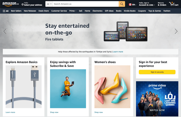 Screenshot shows Amazon Canada's homepage to illustrate article on how to sell on Amazon.