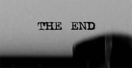 A gif of a writing machine with "the end" written on a paper, representing how to self-publish a book.